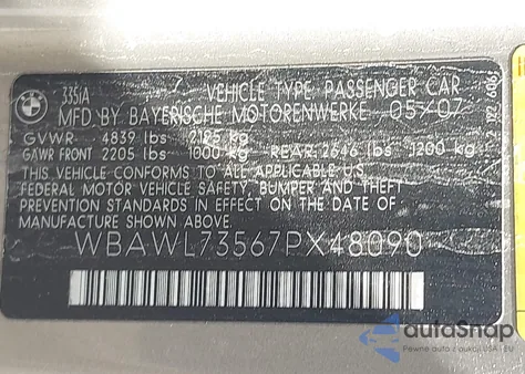 2007 BMW 335I z USA, uszkodzony, nr VIN WBAWL73567PX48090